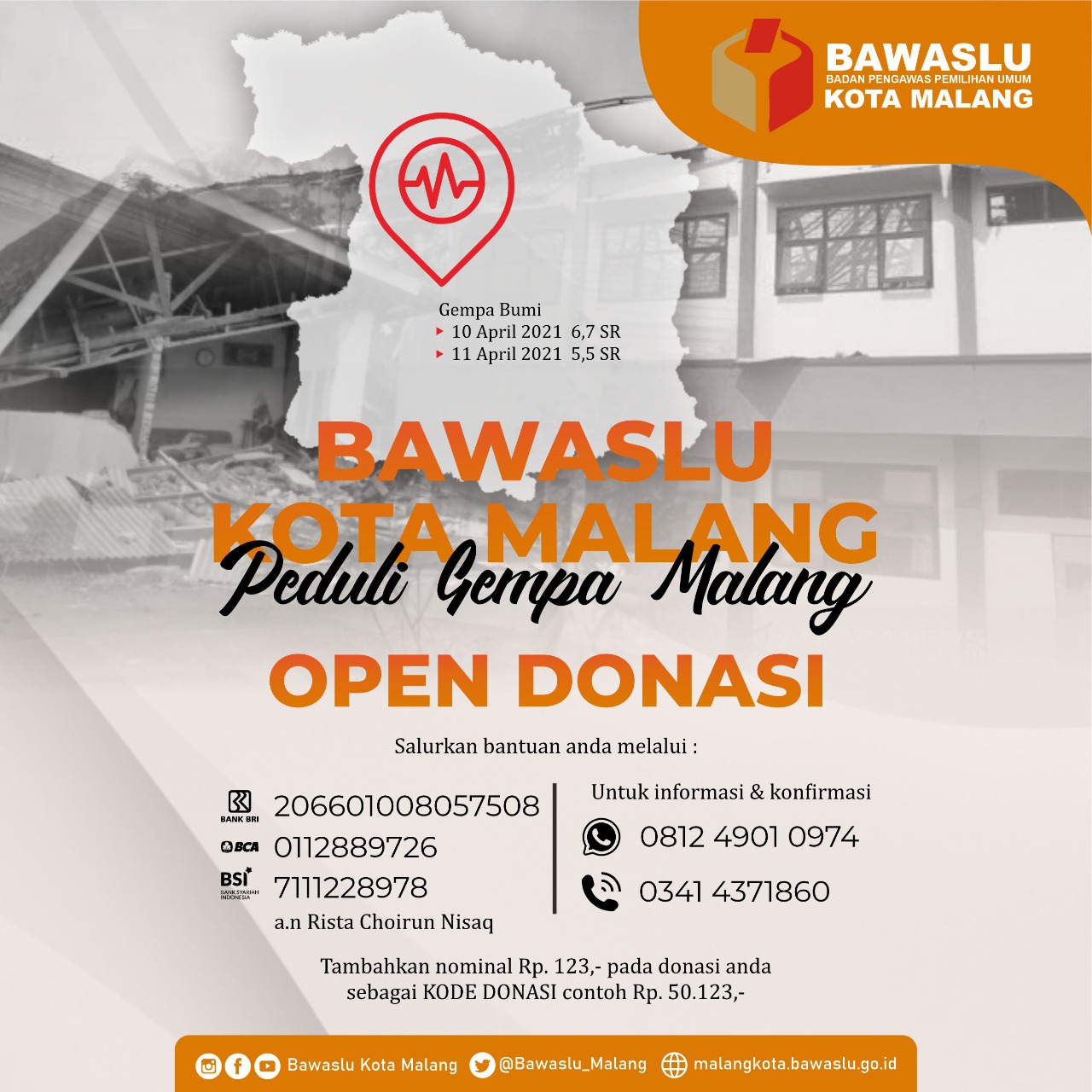 Aksi Kemanusiaan Bawaslu Kota Malang Peduli Gempa