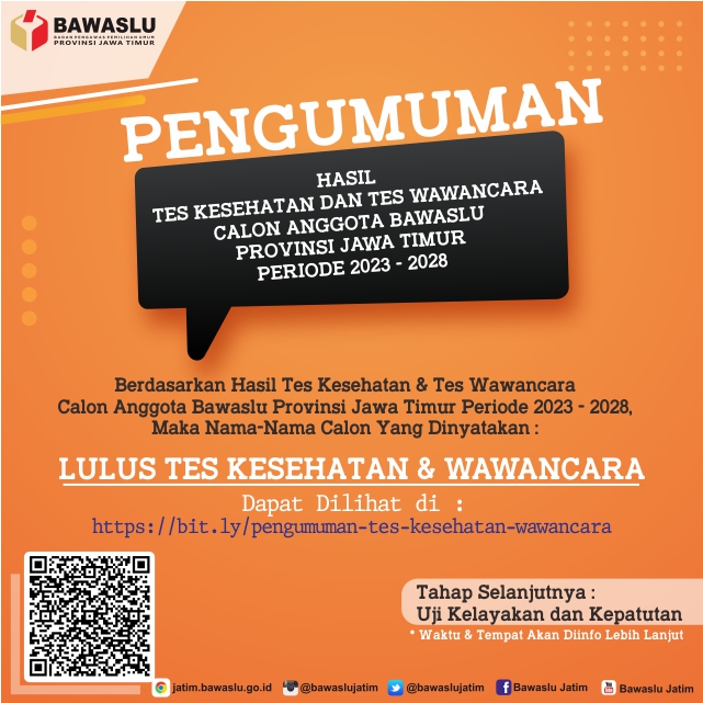 PENGUMUMAN HASIL TES KESEHATAN DAN TES WAWANCARA BAKAL CALON ANGGOTA BAWASLU PROVINSI JAWA TIMUR MASA JABATAN 2023-2028