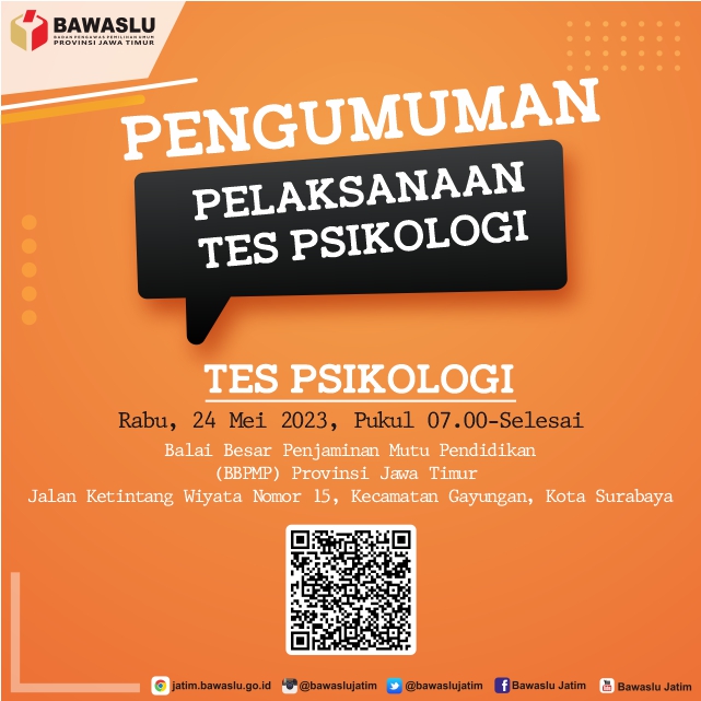 PENGUMUMAN PELAKSANAAN TES PSIKOLOGI CALON ANGGOTA BAWASLU PROVINSI JAWA TIMUR MASA JABATAN 2023-2028