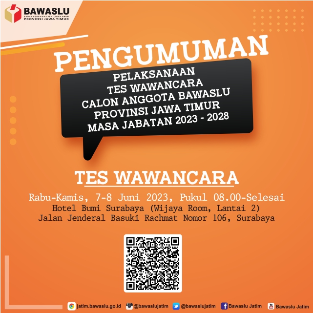 PENGUMUMAN PELAKSANAAN TES WAWANCARA CALON ANGGOTA BAWASLU PROVINSI JAWA TIMUR MASA JABATAN 2023-2028