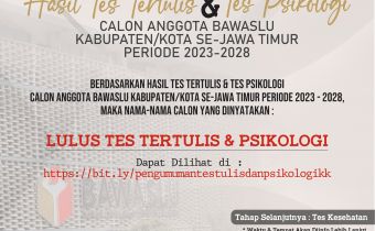 PENGUMUMAN HASIL TES TERTULIS DAN TES PSIKOLOGI BAKAL CALON ANGGOTA BAWASLU KABUPATEN/KOTA SE-JAWA TIMUR MASA JABATAN 2023-2028