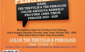 PENGUMUMAN HASIL TES TERTULIS DAN TES PSIKOLOGI BAKAL CALON ANGGOTA BAWASLU PROVINSI JAWA TIMUR MASA JABATAN 2023-2028